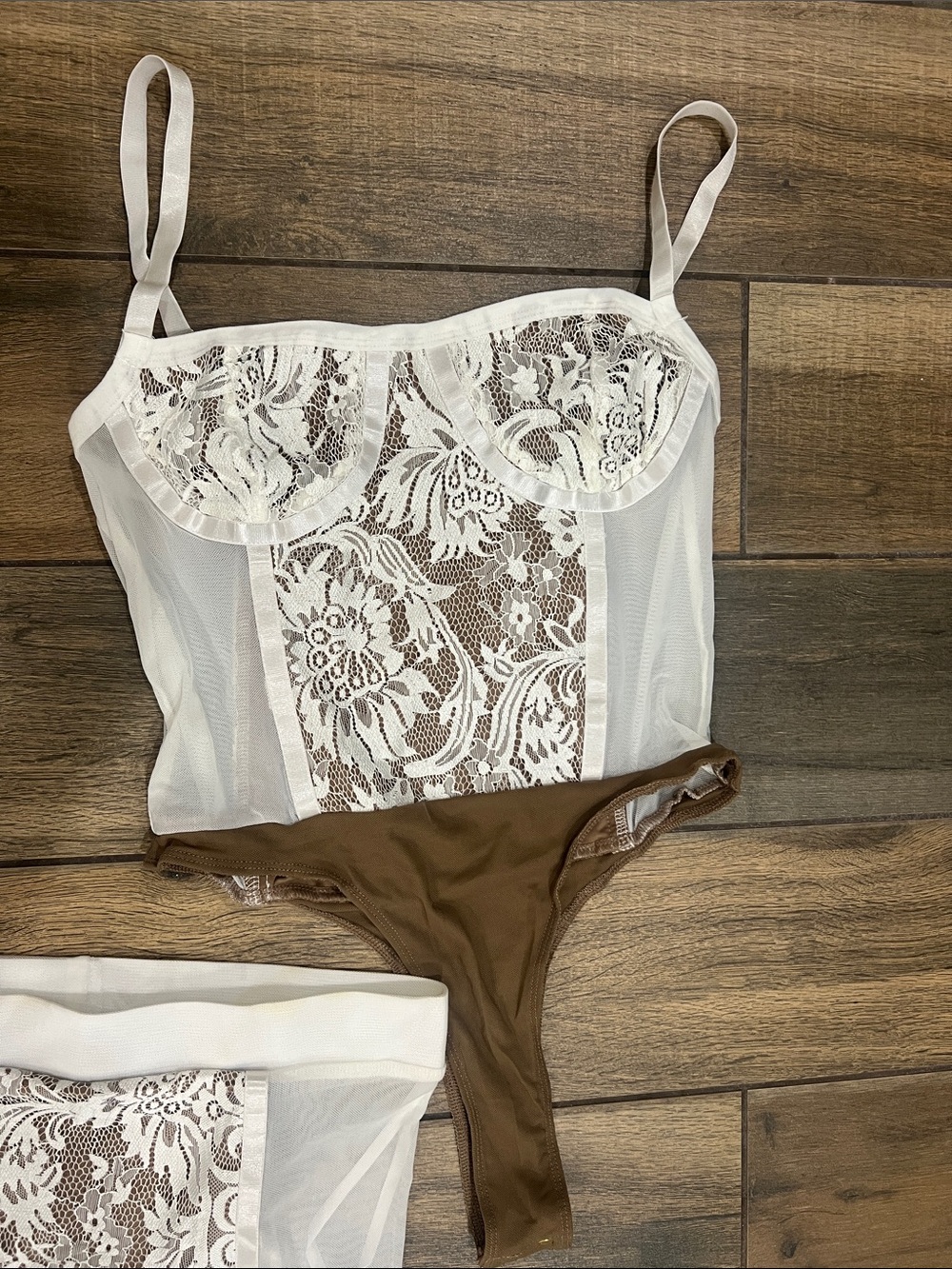 JLUXLABEL White Lace & Brown Mesh Two-Piece Bodysuit Set - Picture 3 of 9